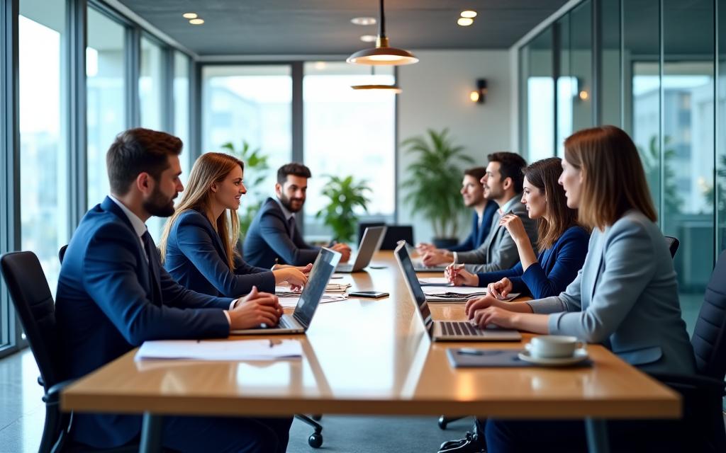Corporate team meeting in modern boardroom